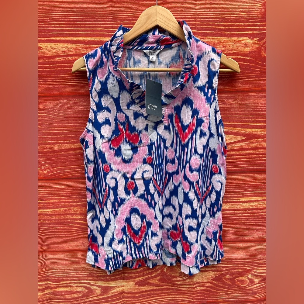New Crown & Ivy M ruffle collar linen sleeveless Ikat blue blouse summer boho